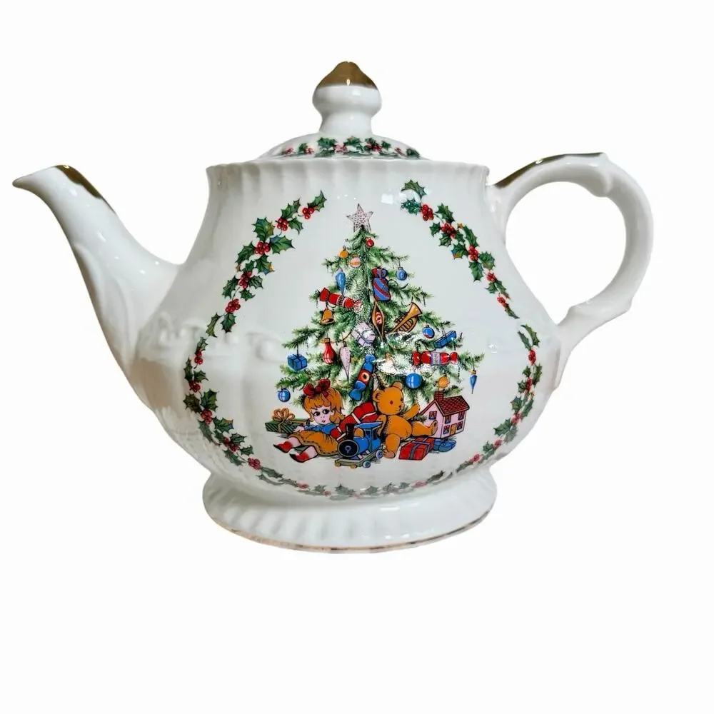 Vintage Schmid England Porcelain Christmas Musical Teapot WORKS O Xmas Tree